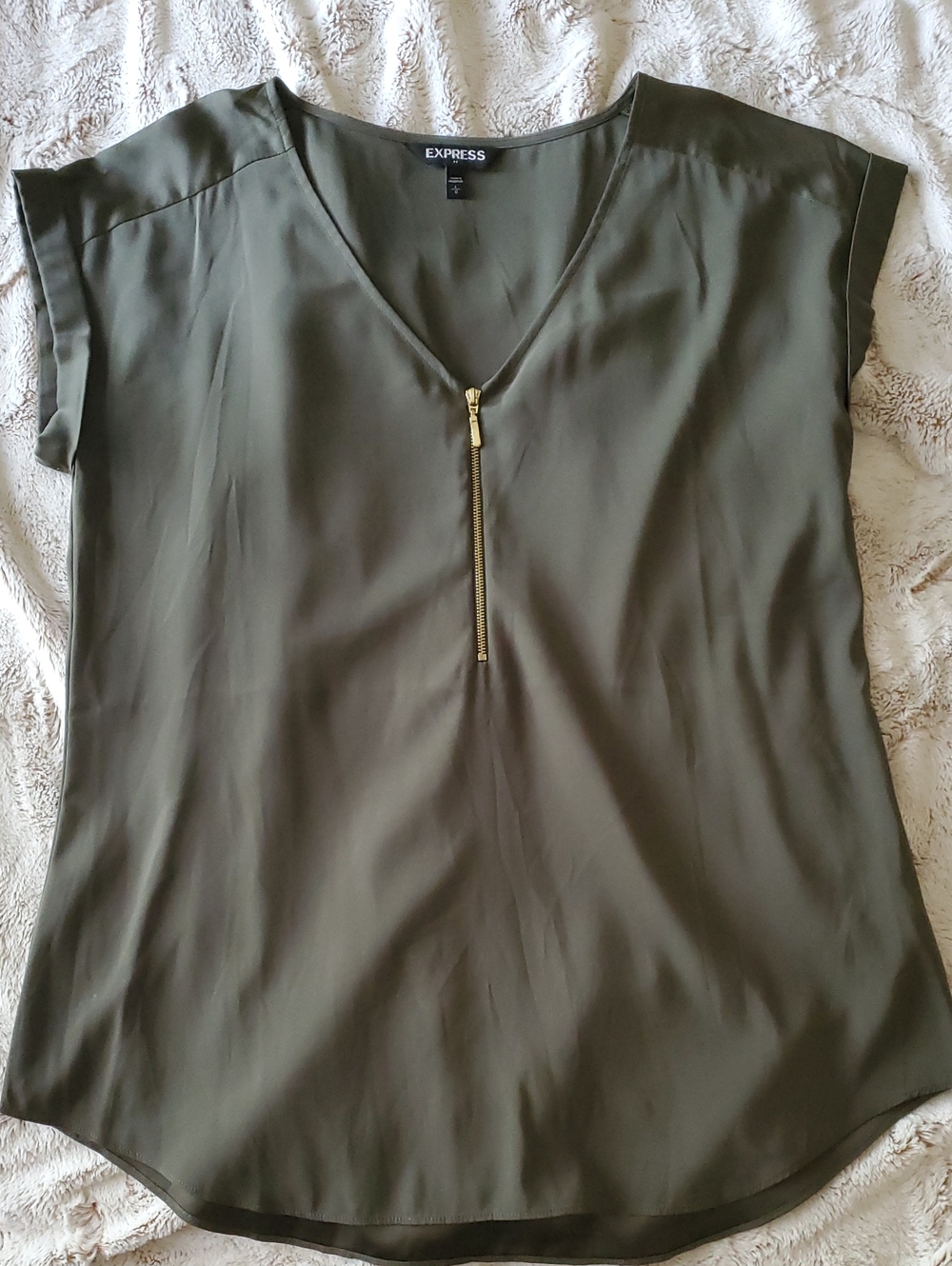 Express Olive Green V-Neck Top with Gold Zip